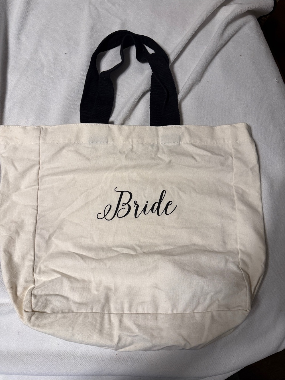 Bride Canvas Tote Bag in Cream with Black Handles